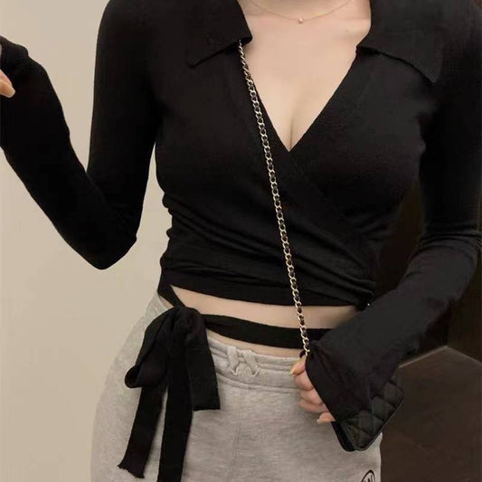 Punzz Black Wrap Knot Front Full Sleeve Crop Top – Chic & Stylish