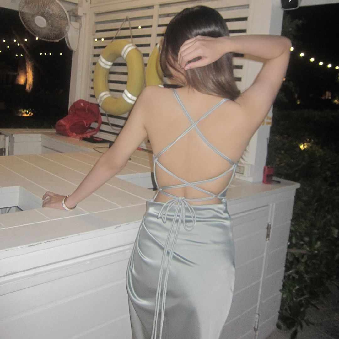 Grey Backless Satin Slit Dress by Puunz