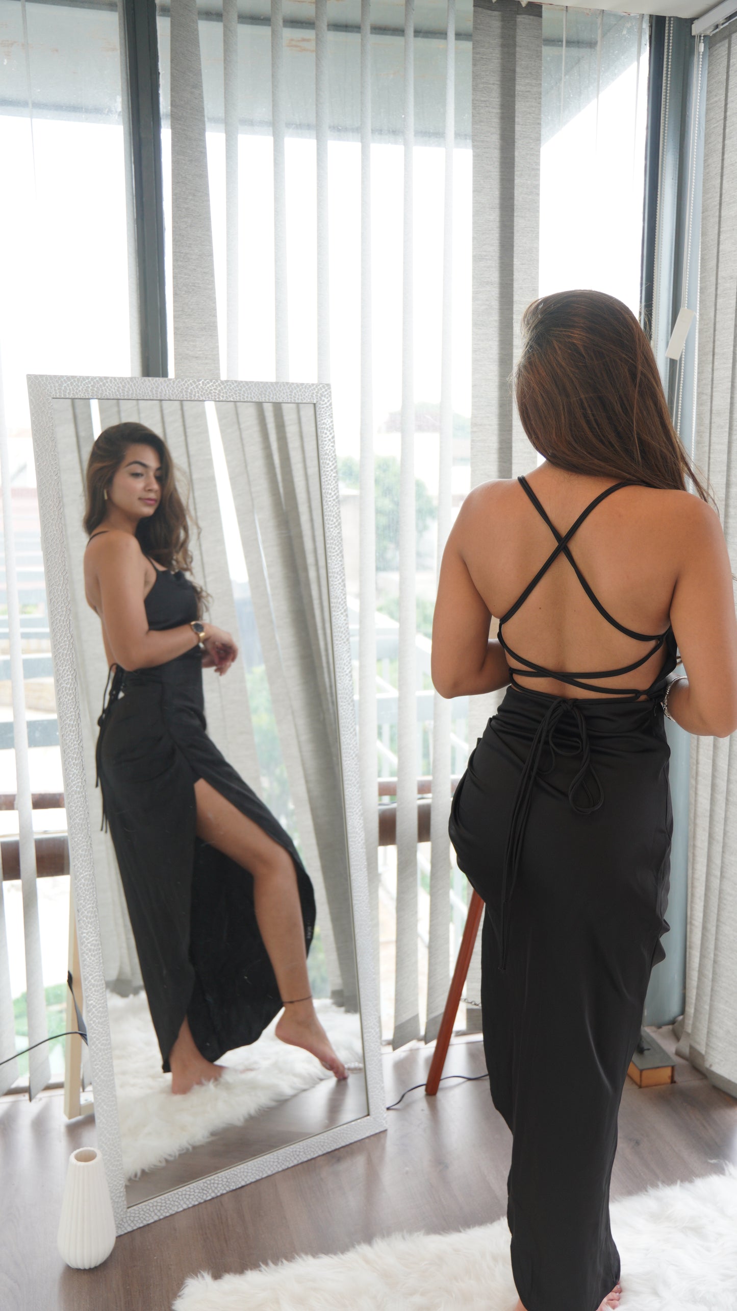 Black Satin Backless Full-Length Slit Dress by Puunz