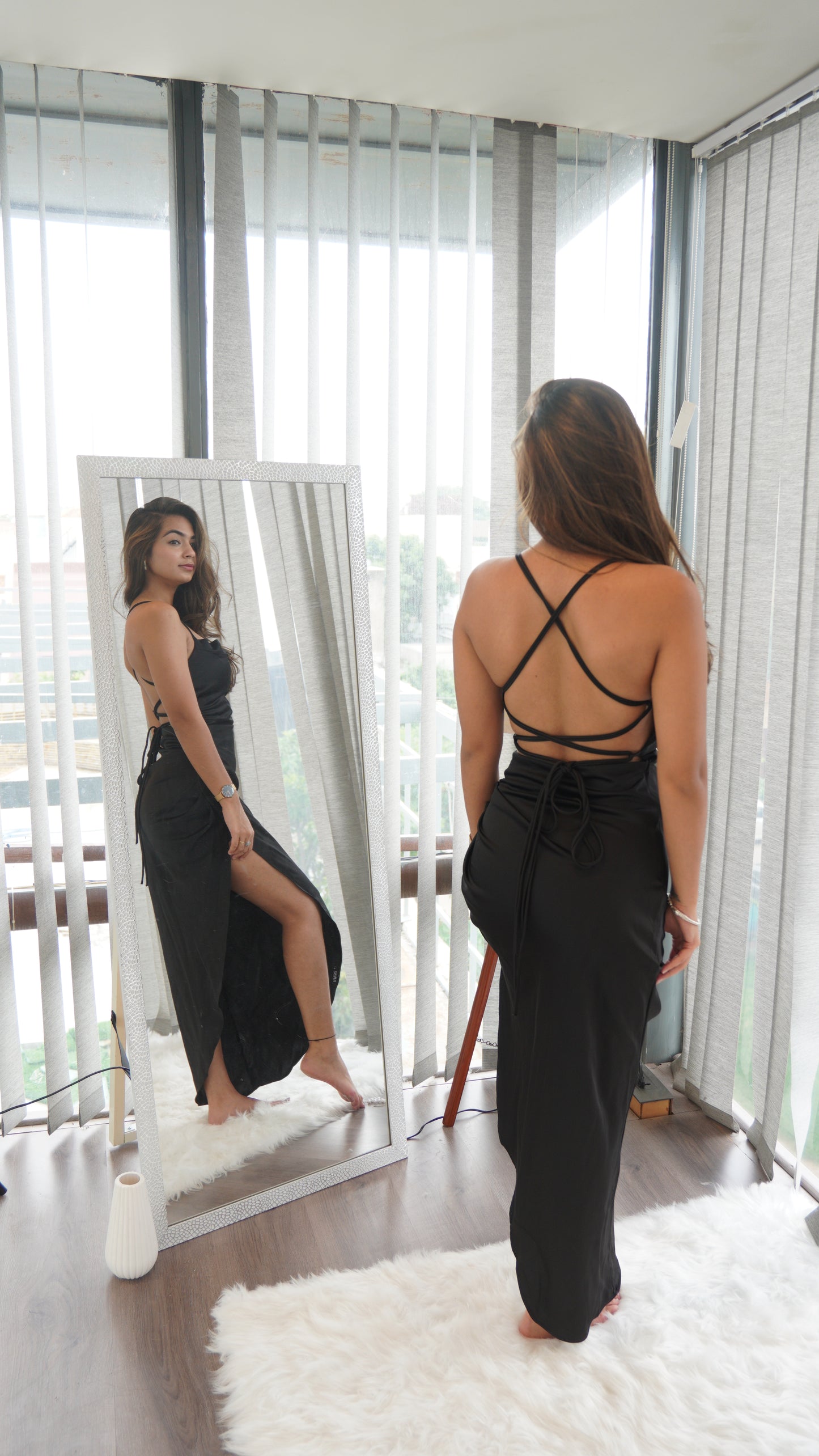 Black Satin Backless Full-Length Slit Dress by Puunz